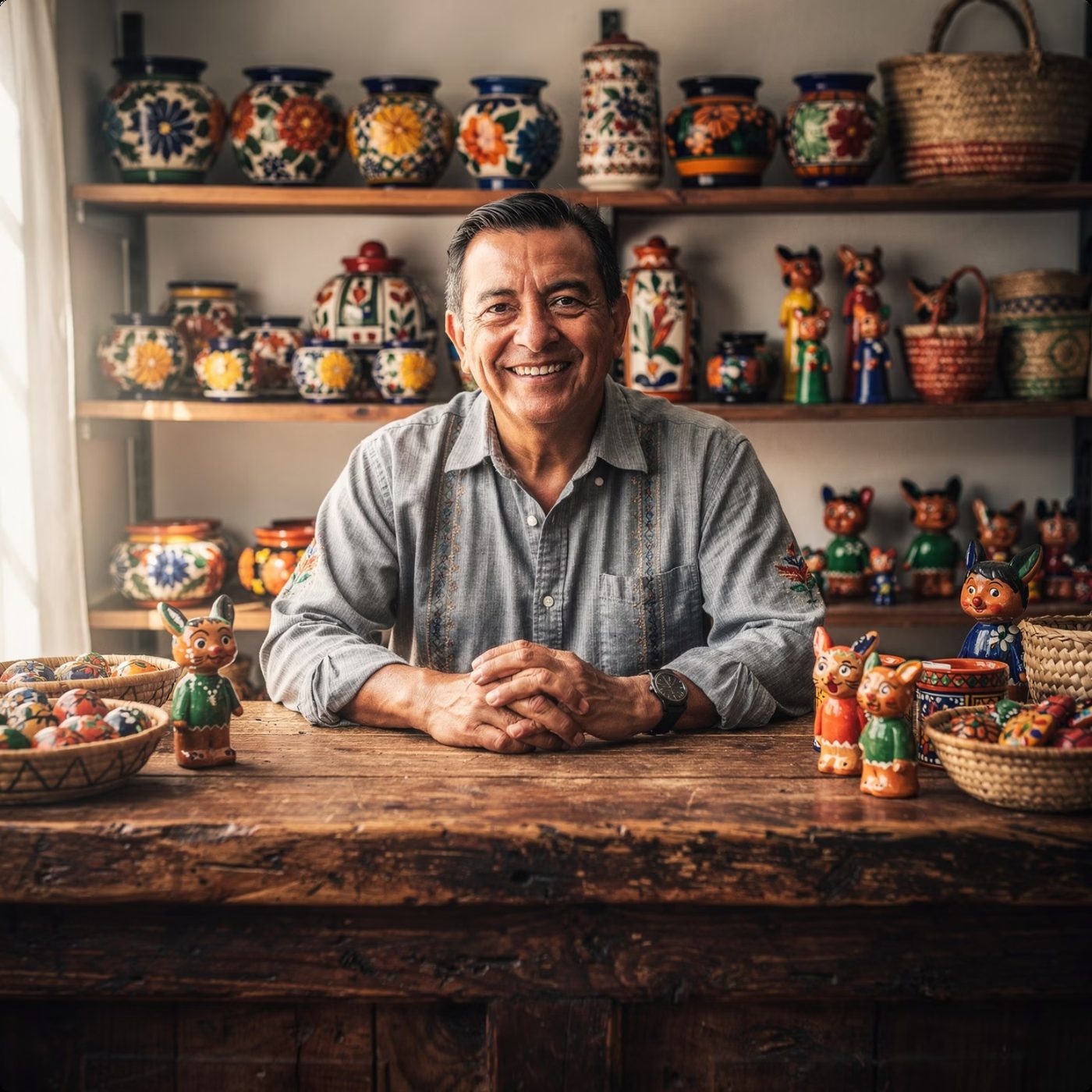 Pequeño empresario mexicano sonriendo en su tienda de productos artesanales