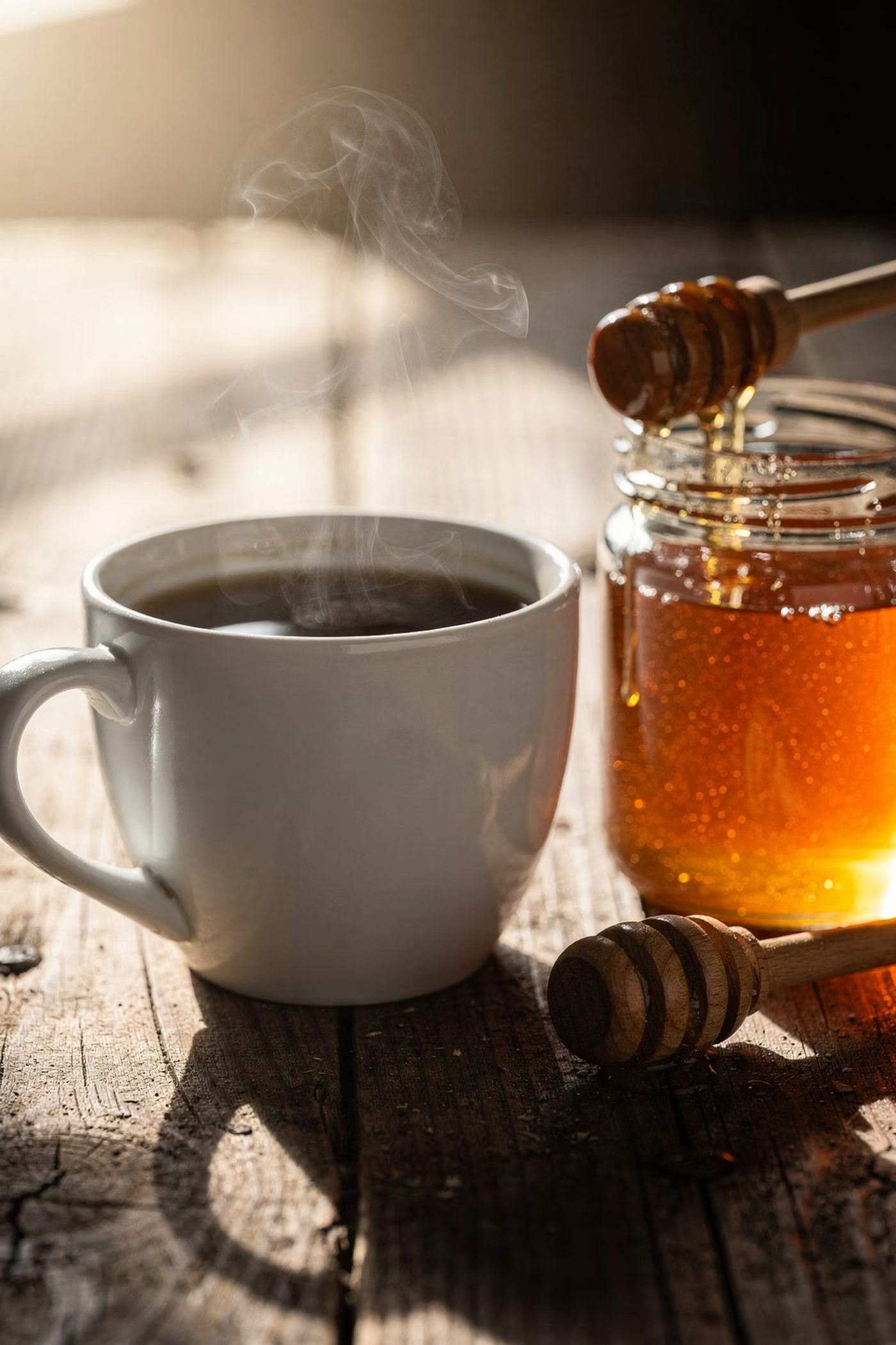 Taza de café caliente junto a un frasco de miel orgánica con mielera