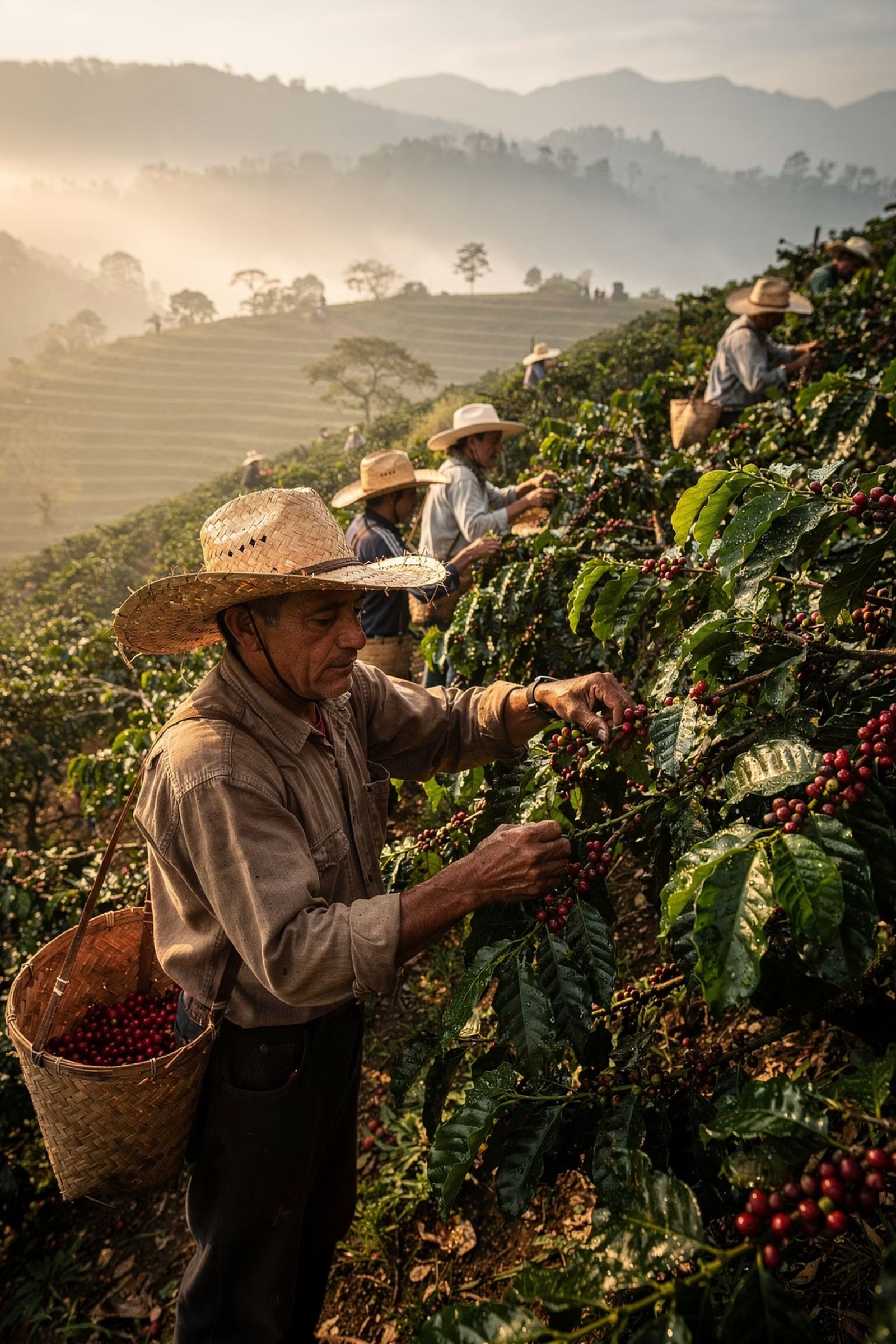 Productores cosechando granos de café maduros en los cafetales de Chiapas, México