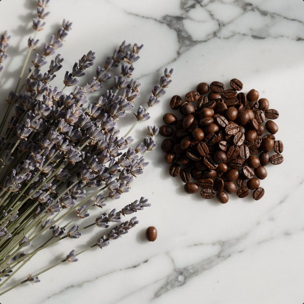 Lavanda y granos de café para la mezcla floral